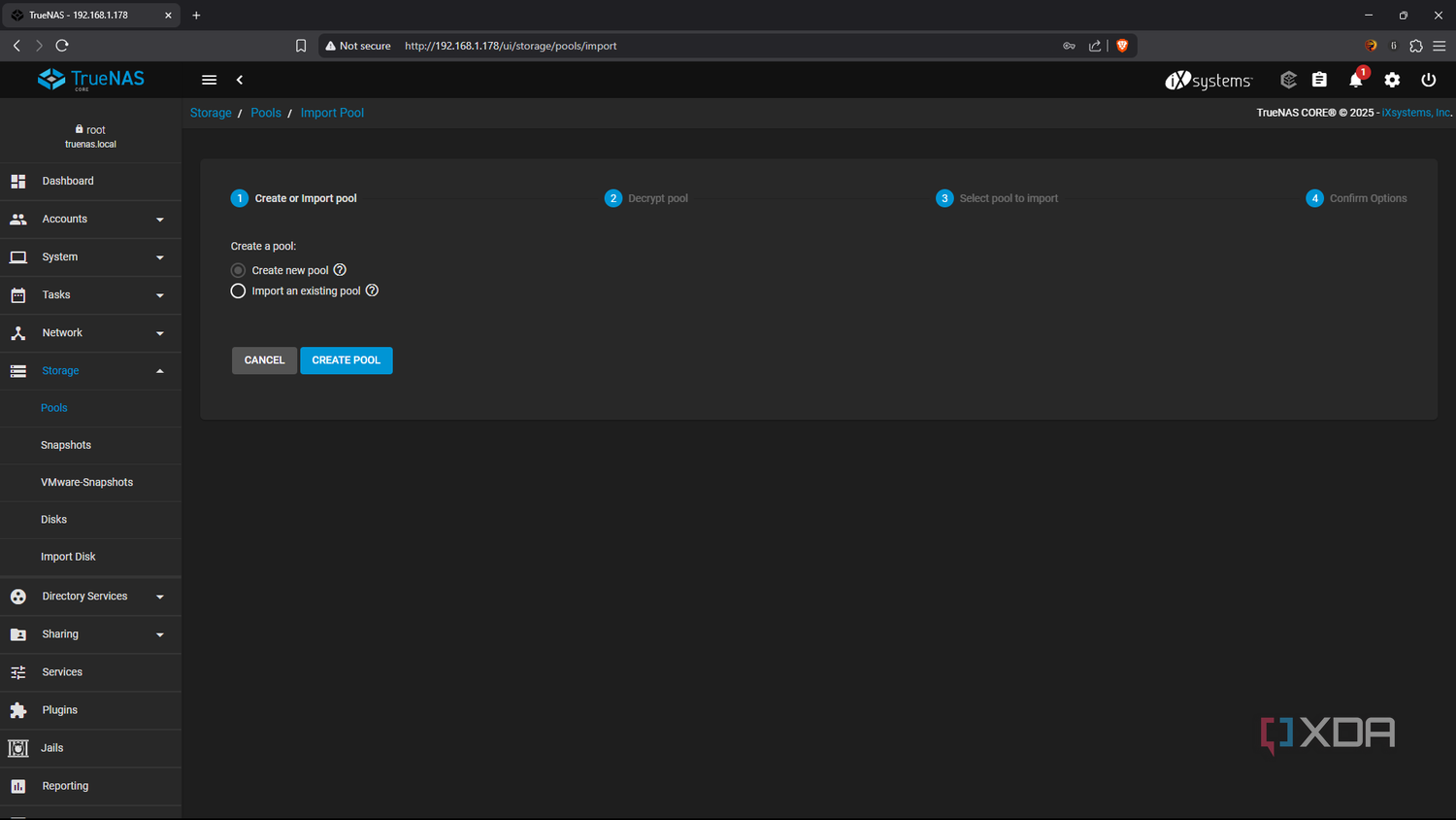 TrueNAS create pool