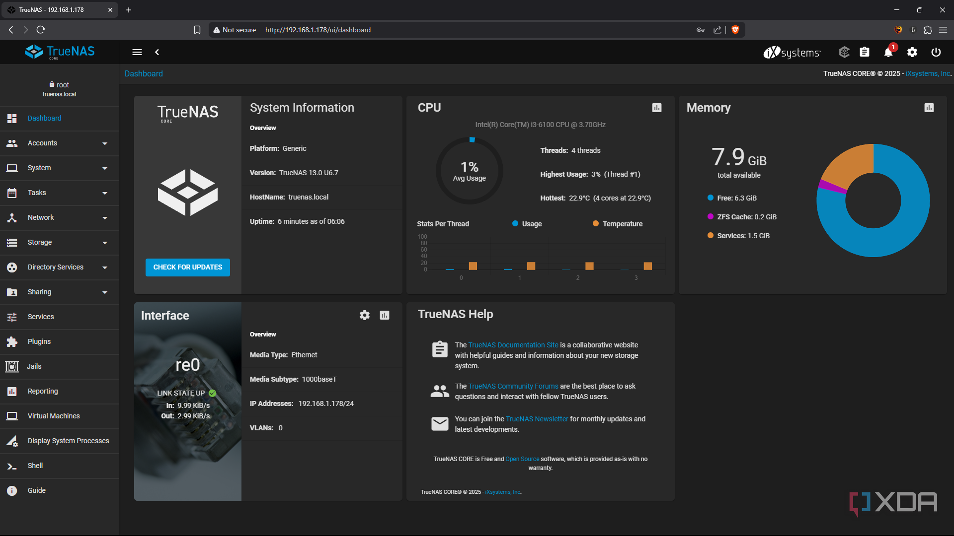 TrueNAS dashboard