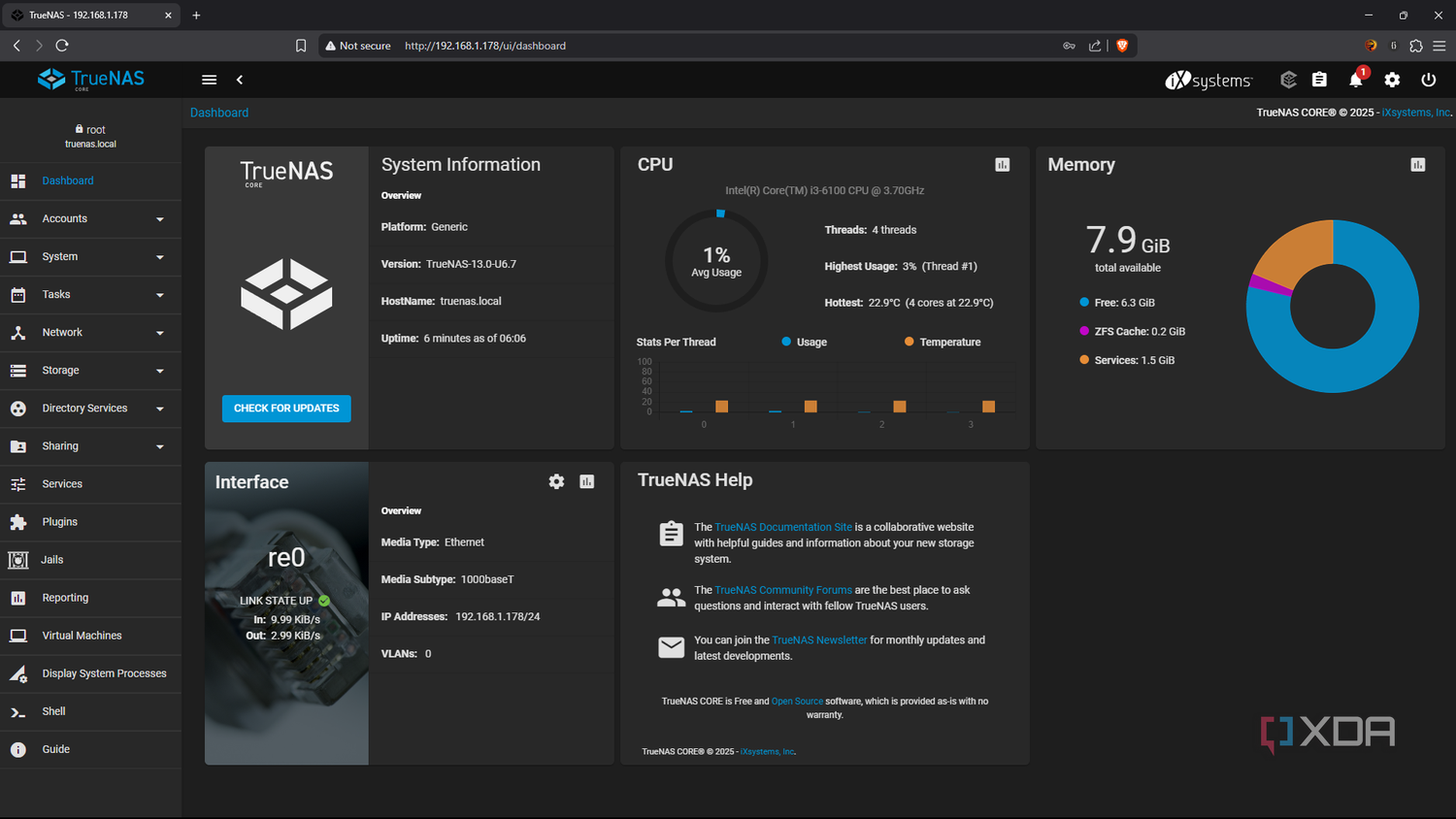 TrueNAS dashboard