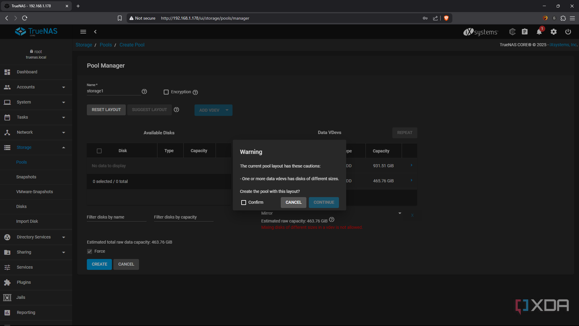 TrueNAS force pool