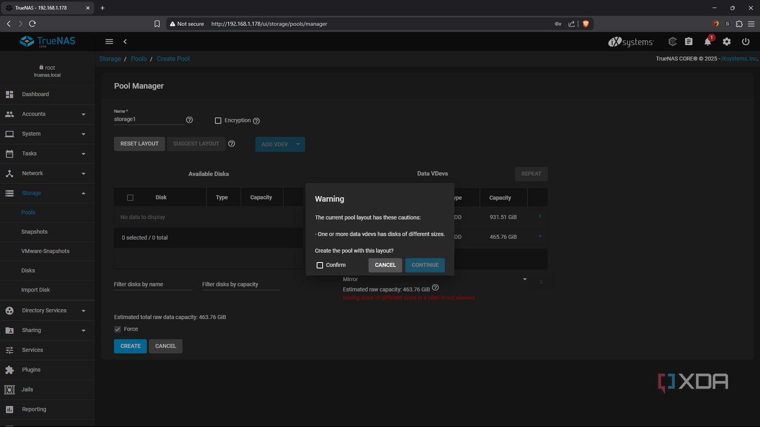 TrueNAS force pool