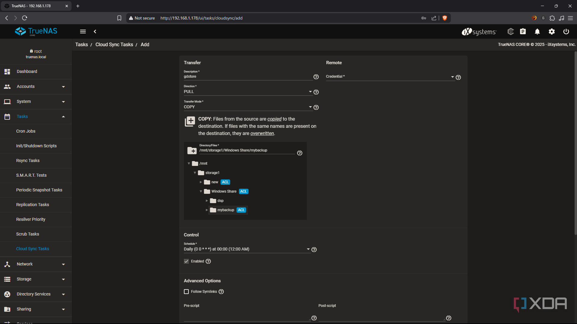 TrueNAS modify cloud sync task