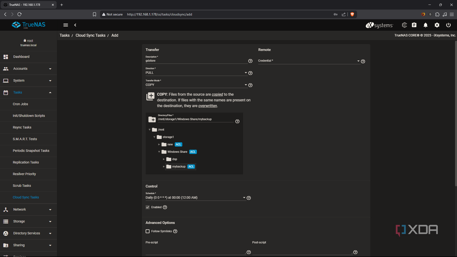 TrueNAS modify cloud sync task