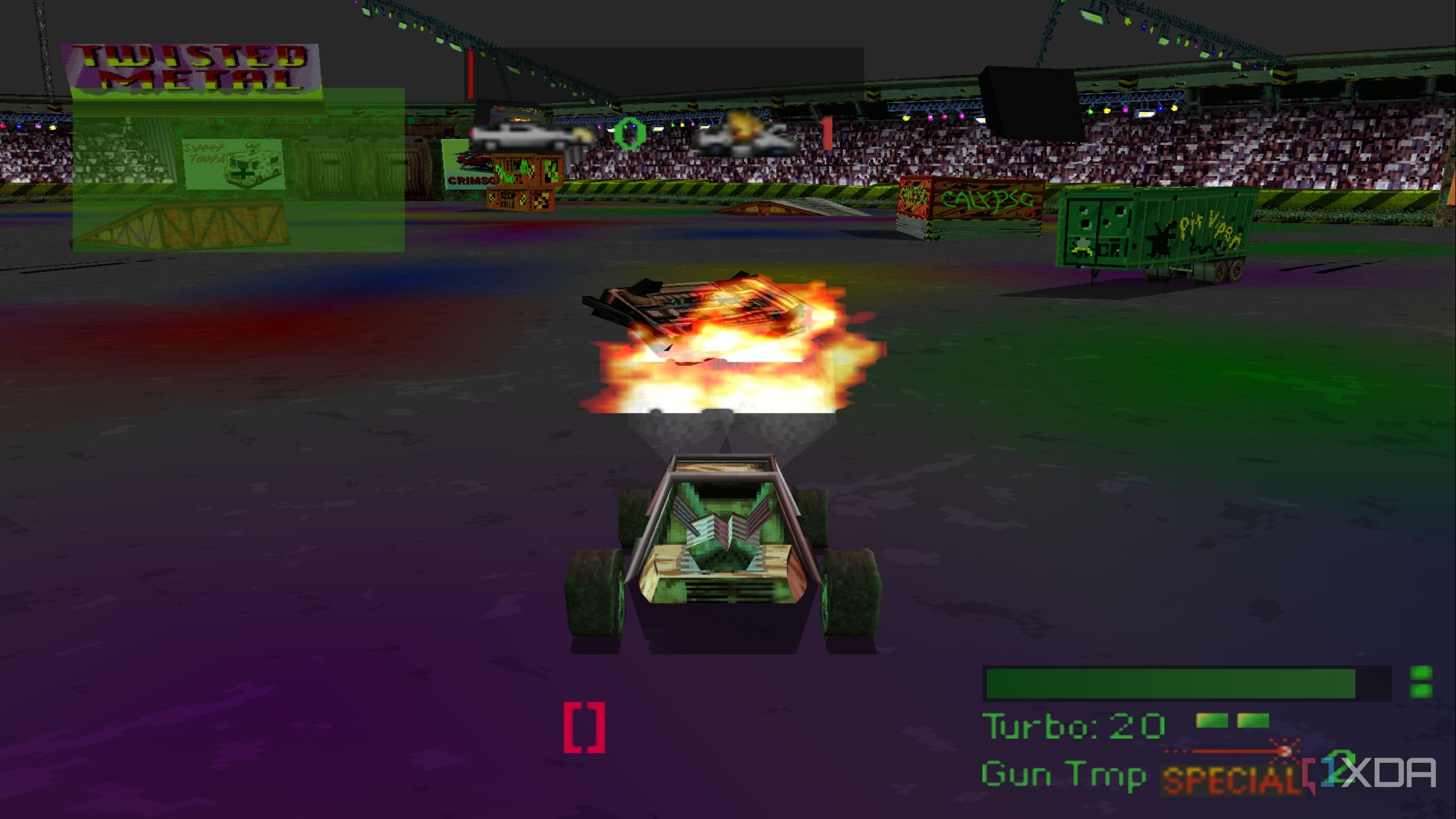 A buggy throwing a missile at an enemy in an arena in PlayStation 1 game Twisted Metal.