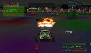 A buggy throwing a missile at an enemy in an arena in PlayStation 1 game Twisted Metal.