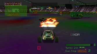 A buggy throwing a missile at an enemy in an arena in PlayStation 1 game Twisted Metal.