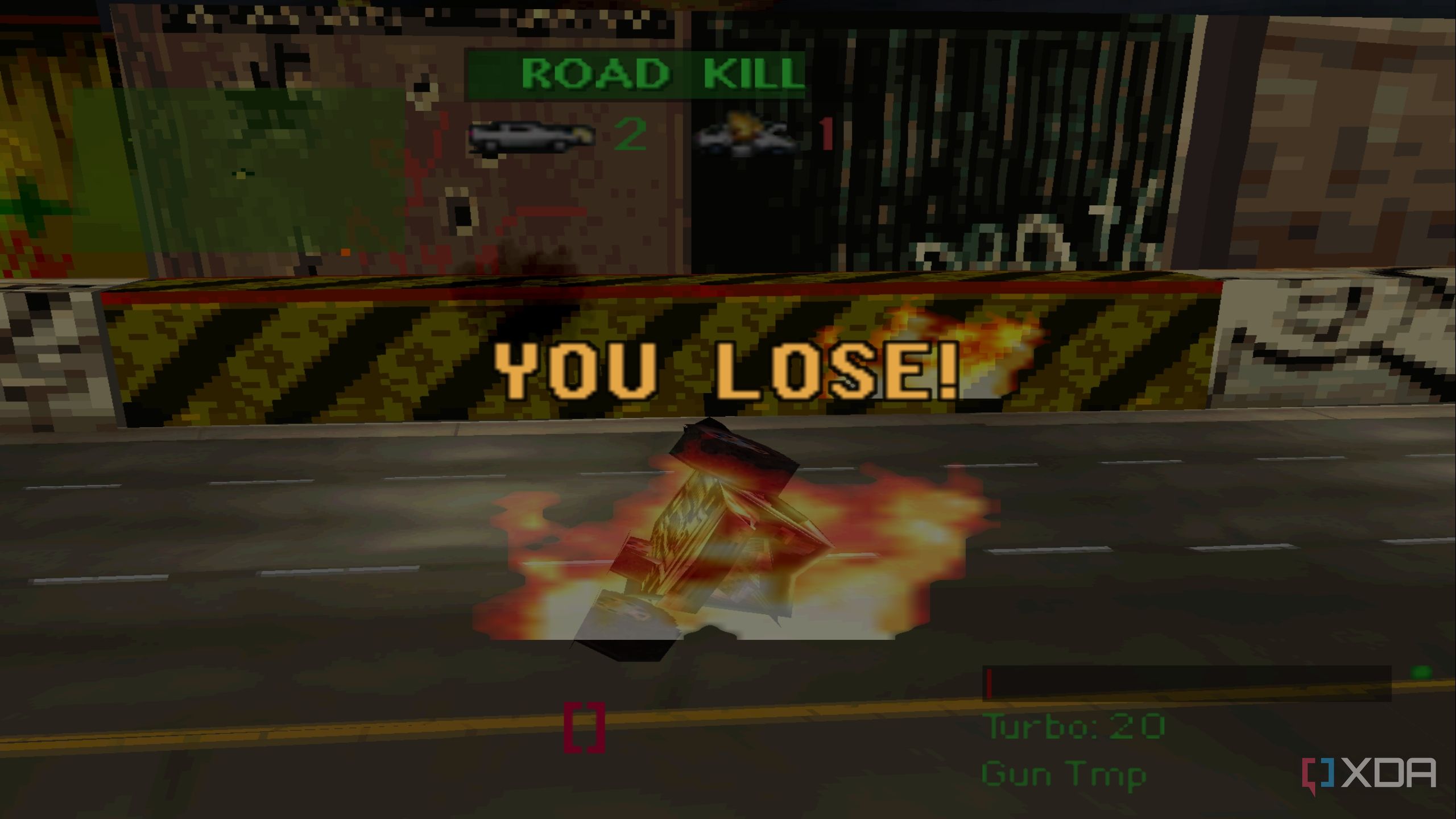 A buggy being destroyed in PlayStation 1 game Twisted Metal.
