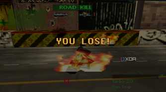 A buggy being destroyed in PlayStation 1 game Twisted Metal.