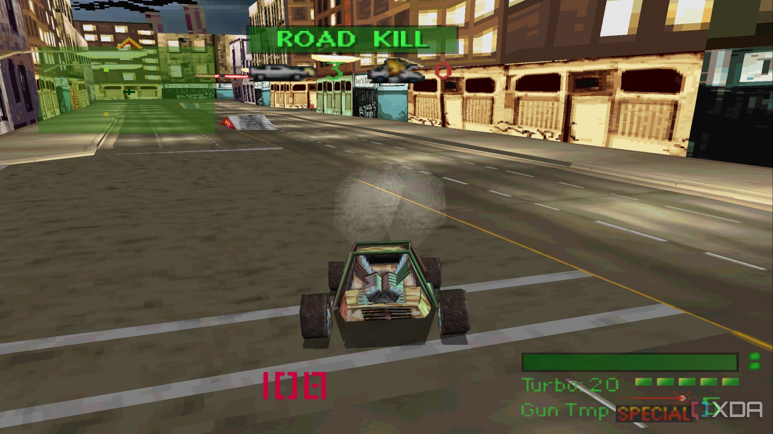 A buggy driving in the warehouse district in PlayStation 1 game Twisted Metal.