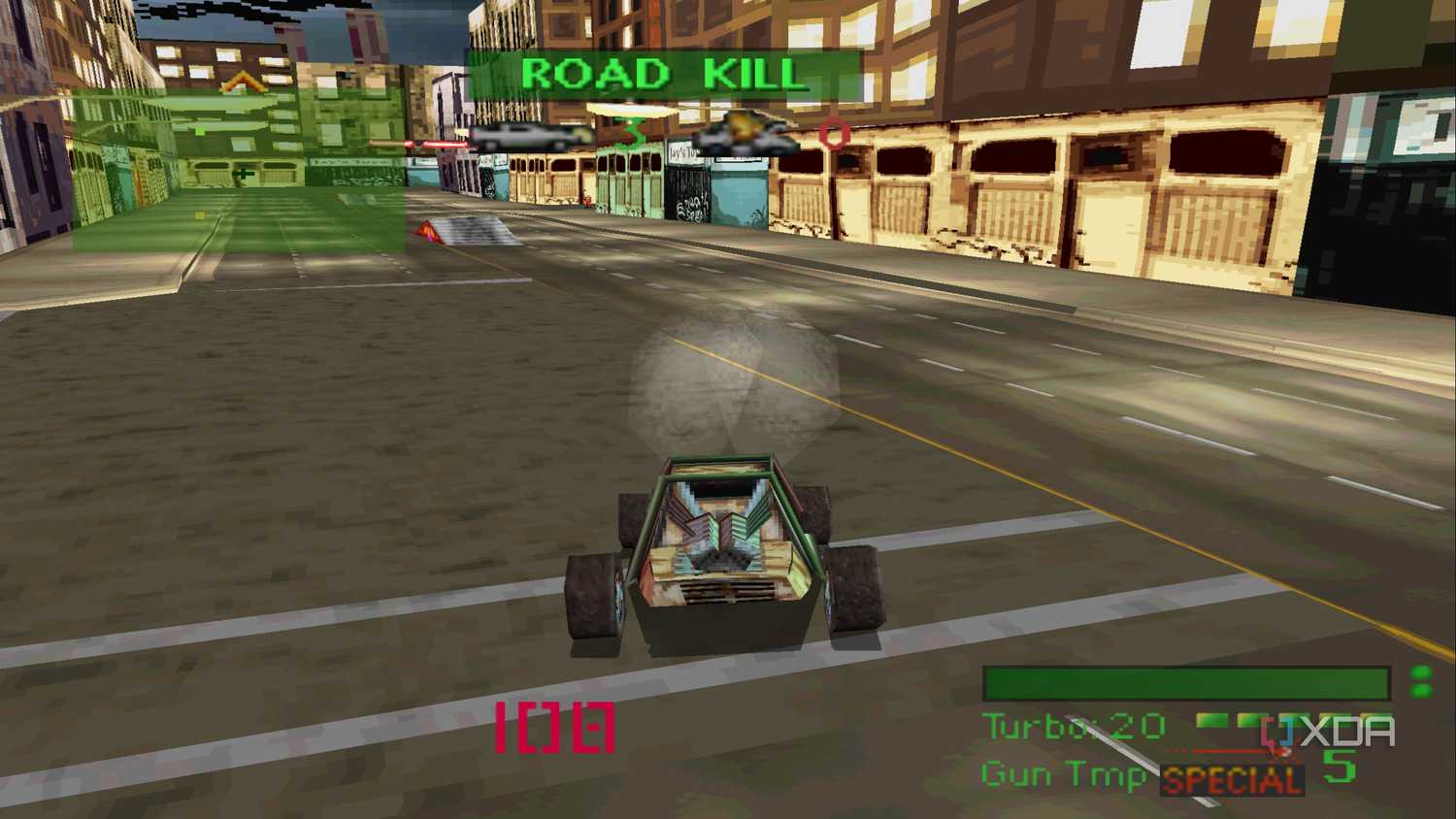 A buggy driving in the warehouse district in PlayStation 1 game Twisted Metal.
