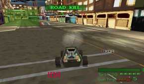 A buggy driving in the warehouse district in PlayStation 1 game Twisted Metal.
