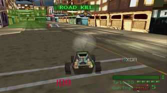 A buggy driving in the warehouse district in PlayStation 1 game Twisted Metal.