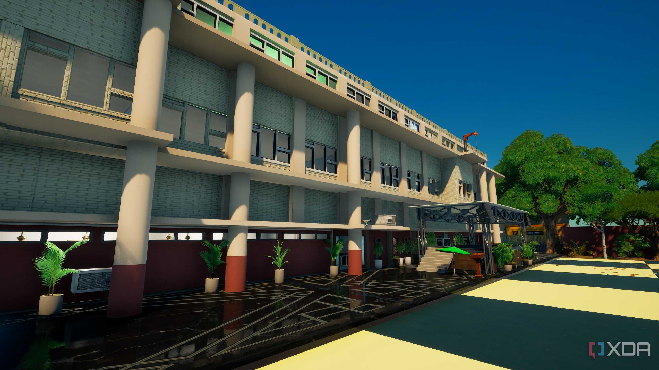A high-school building in Fortnite.