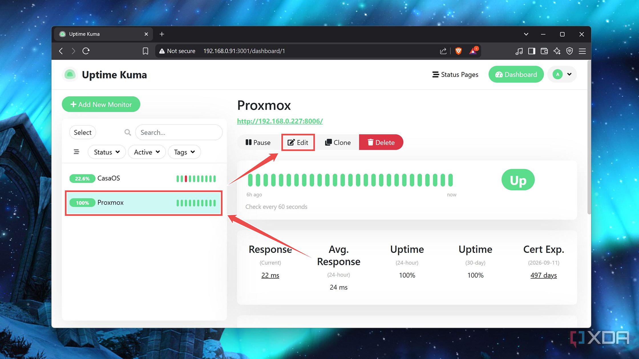Pressing the Edit button under a service in Uptime Kuma