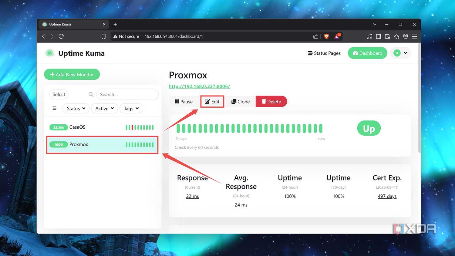 Pressing the Edit button under a service in Uptime Kuma