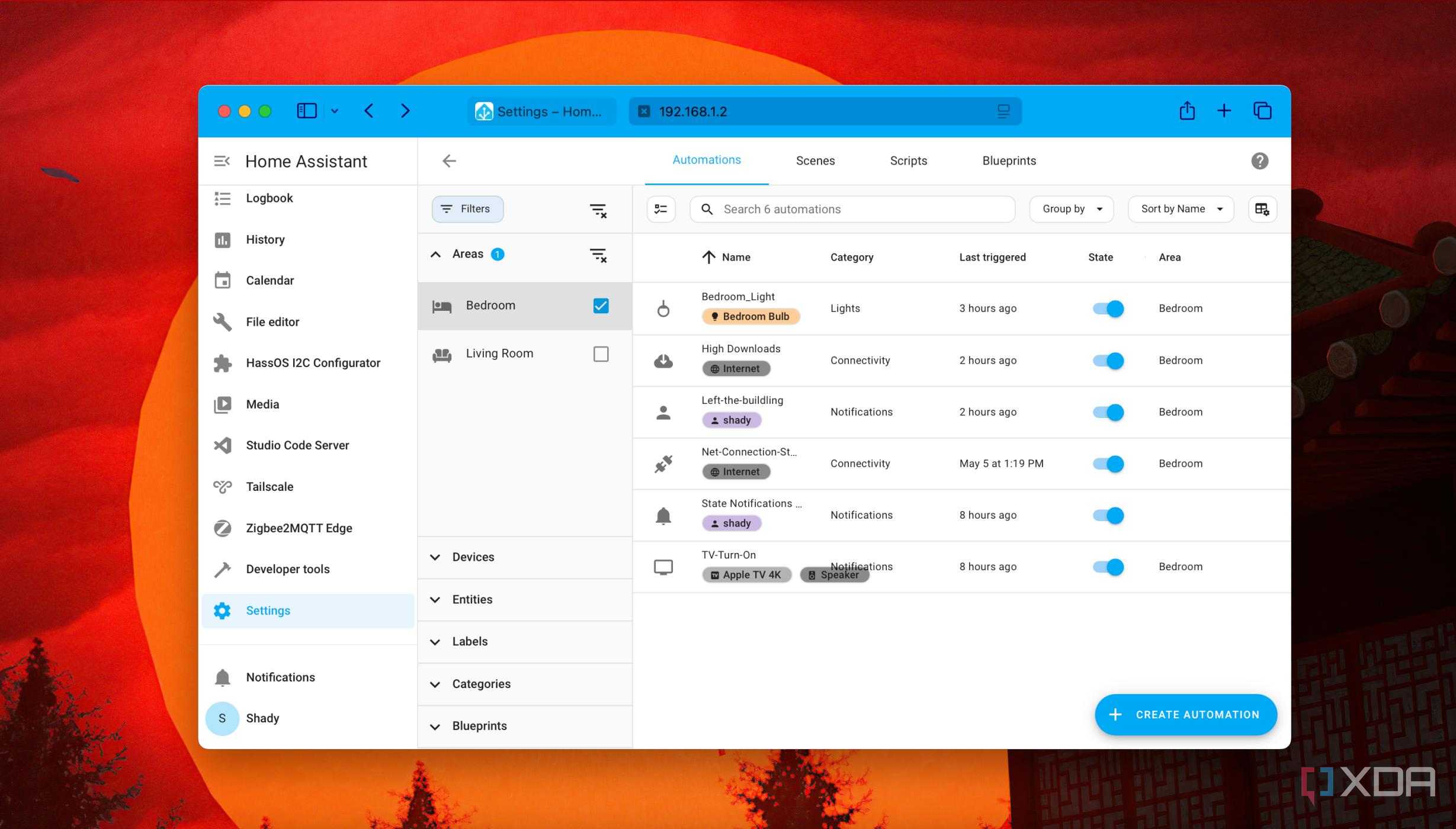 A screenshot of filtering automation by grouping into areas in Home Assistant