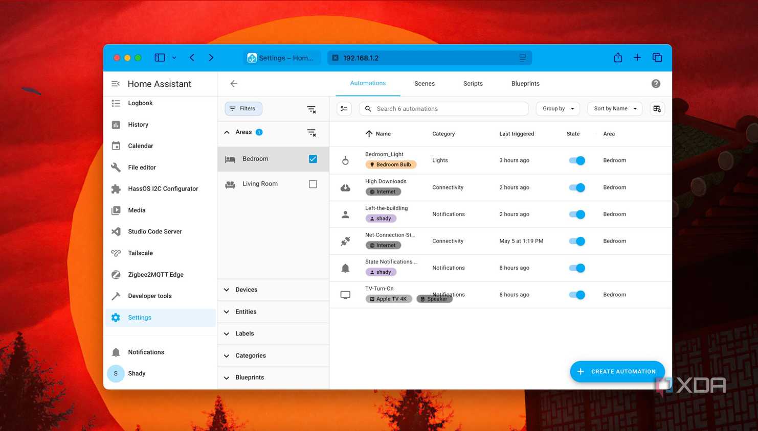 A screenshot of filtering automation by grouping into areas in Home Assistant