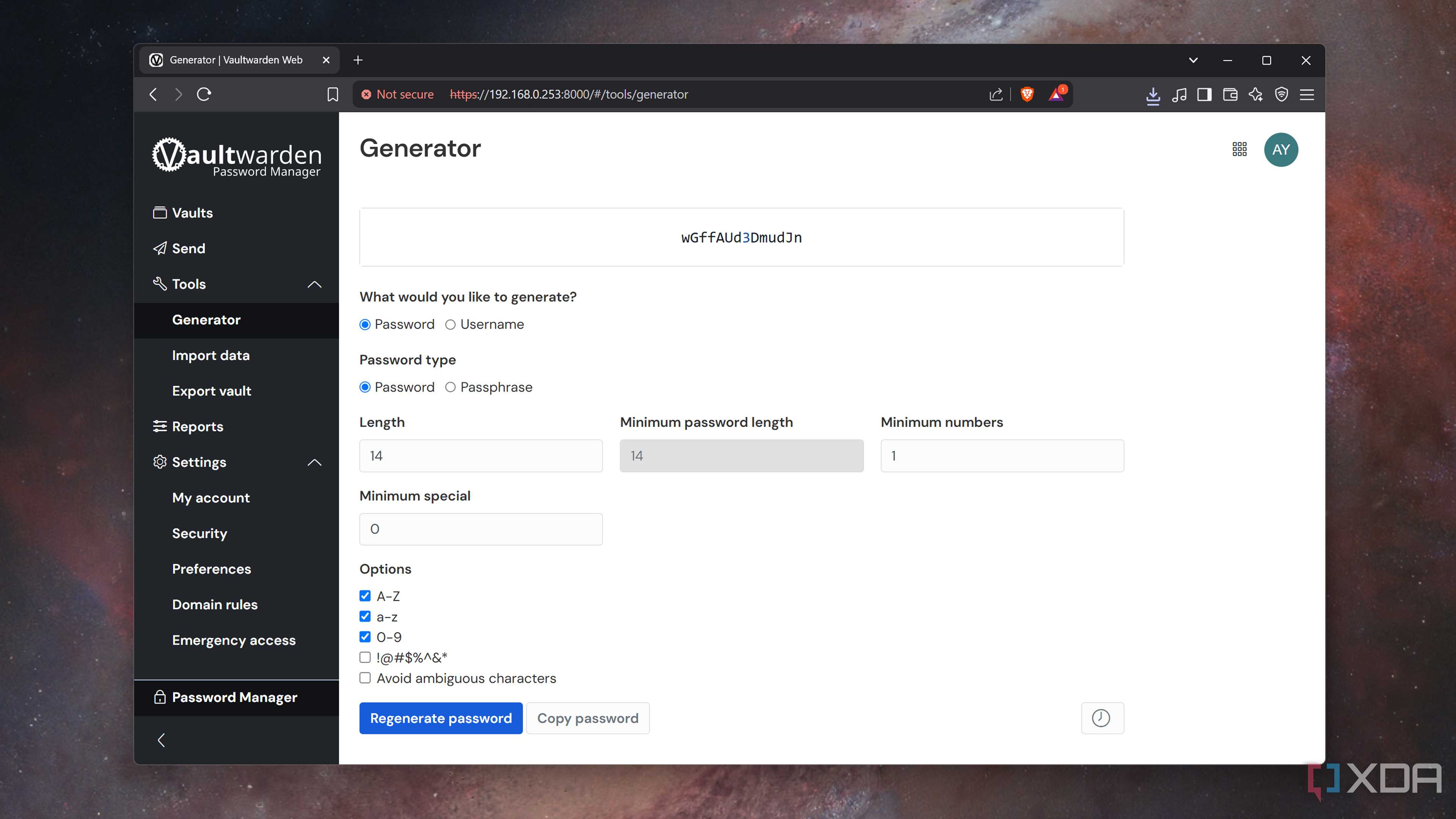 Generating a password in Vaultwarden