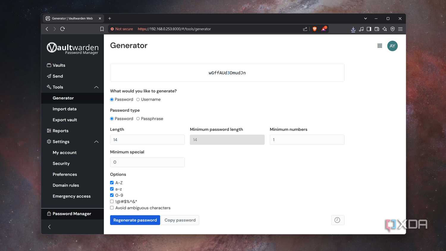 Generating a password in Vaultwarden