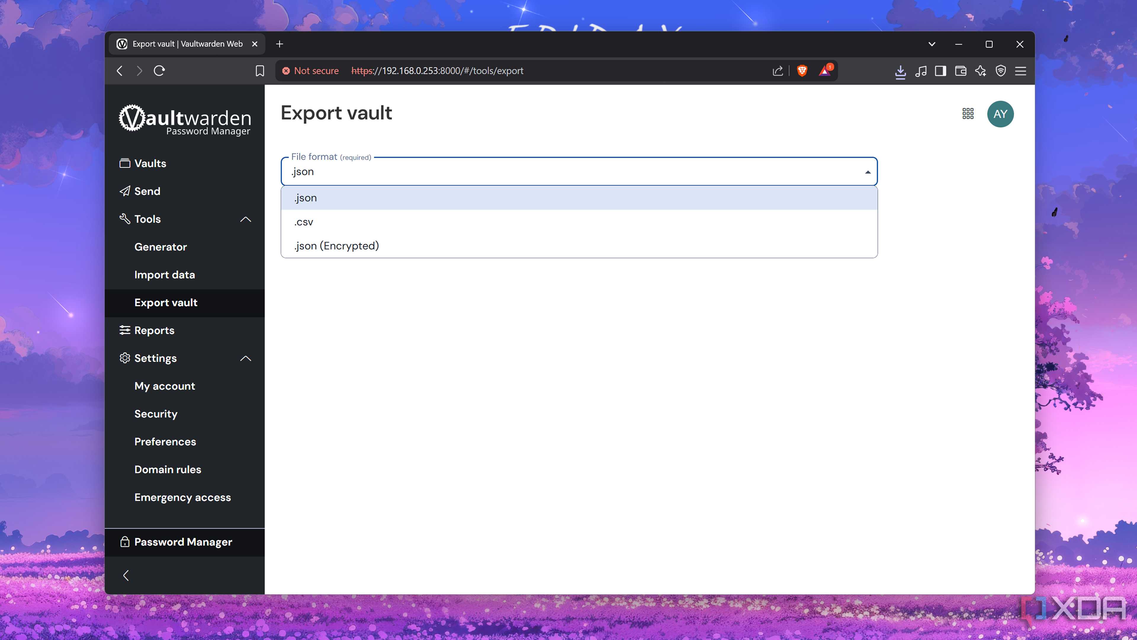 Exporting a Vault in Vaultwarden
