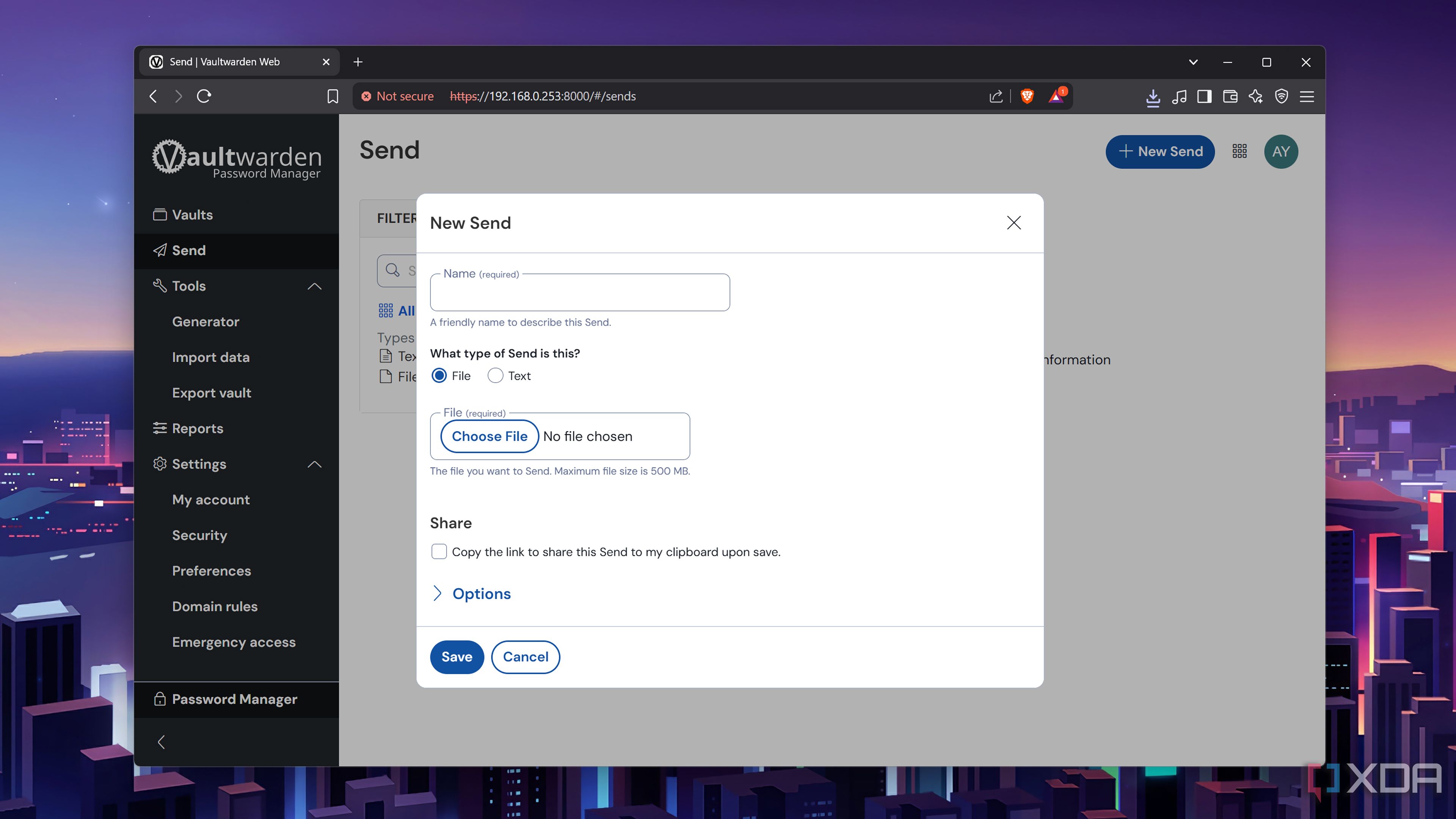 Sending passwords from Vaultwarden