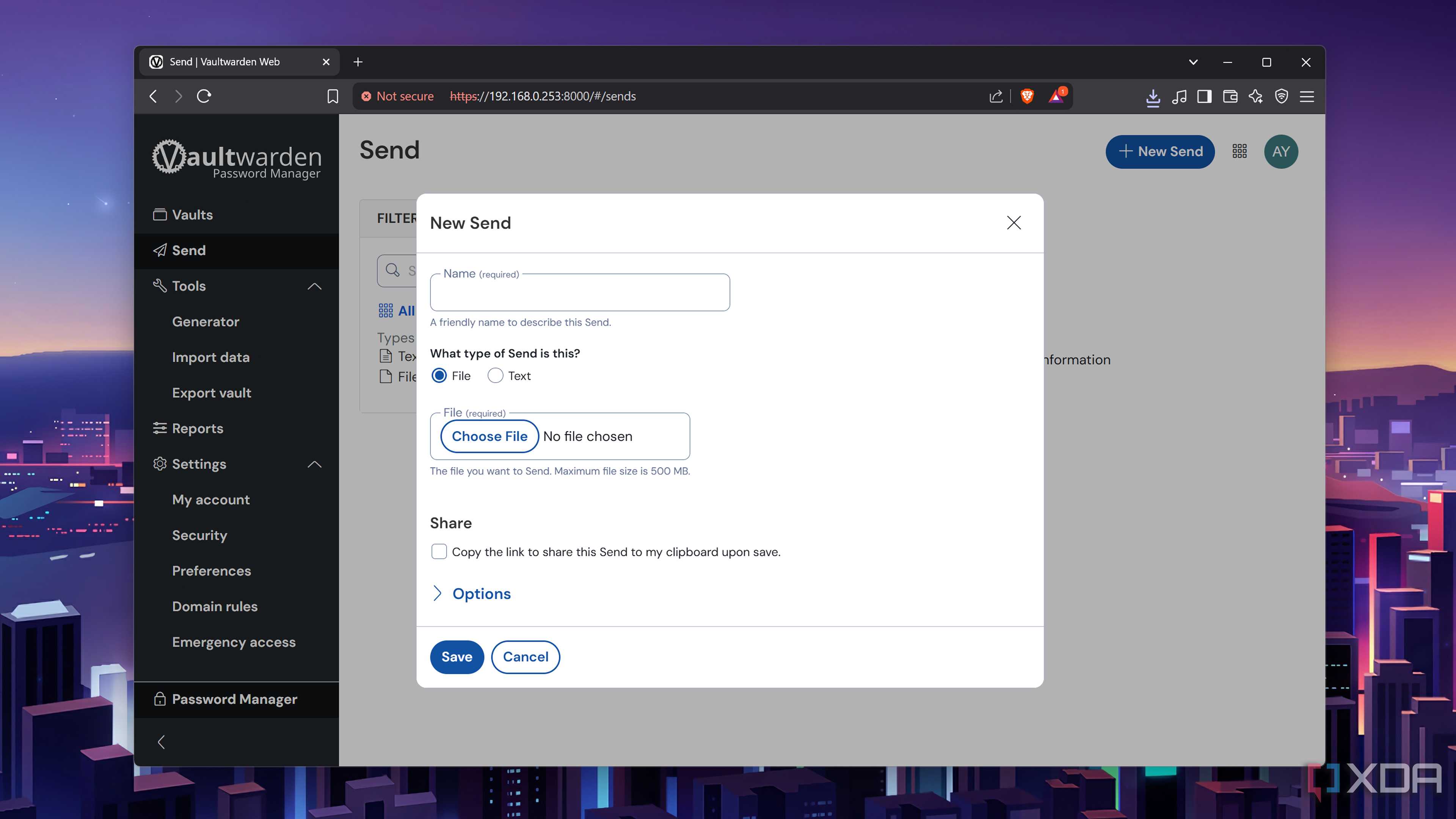 Sending passwords from Vaultwarden
