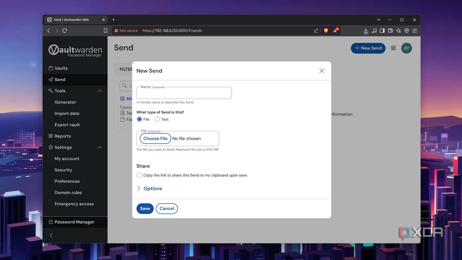 Sending passwords from Vaultwarden