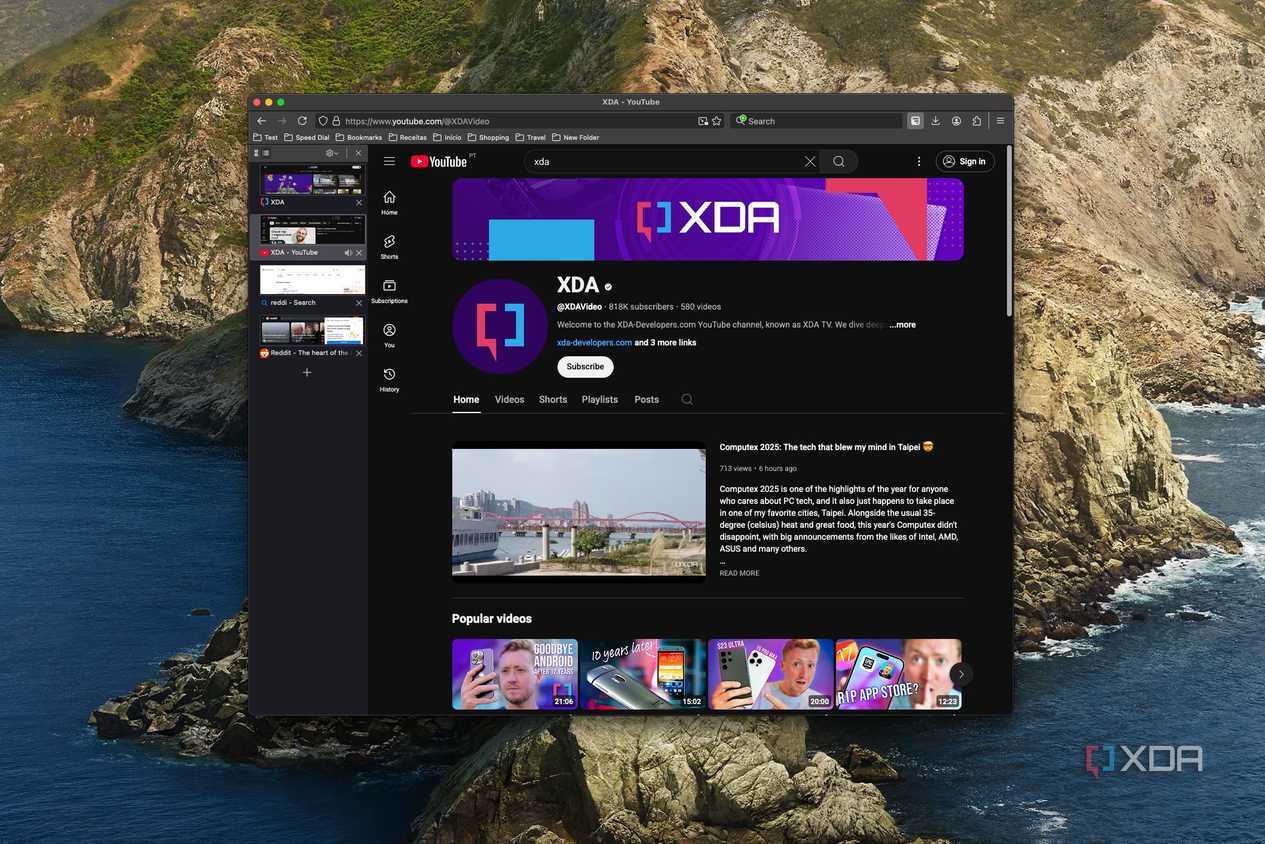 Screenshot of Waterfox on macOS showing the XDA YouTube page and using the tab sidebar