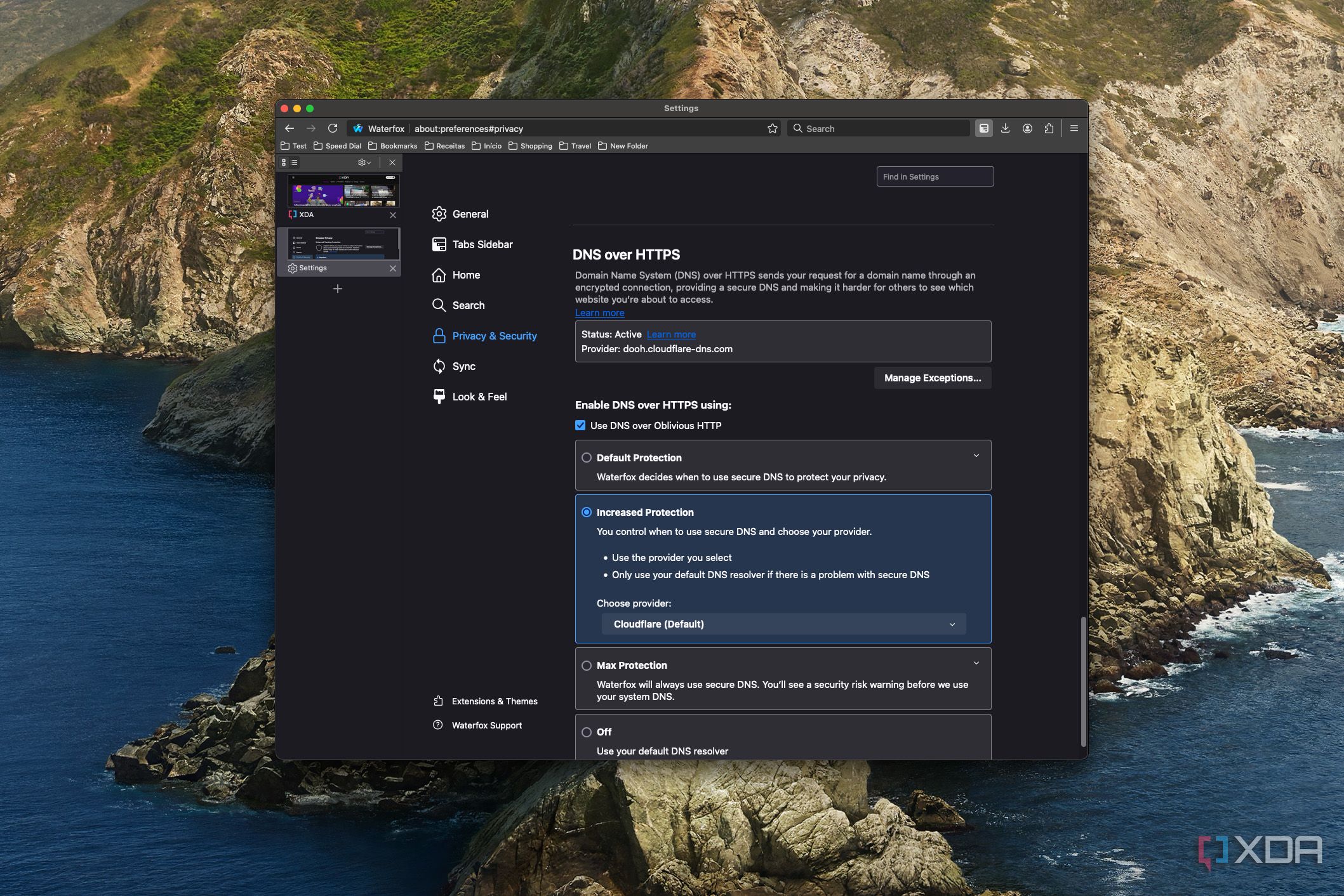Screenshot of Waterfox on macOS showing Oblivious DNS is enabled