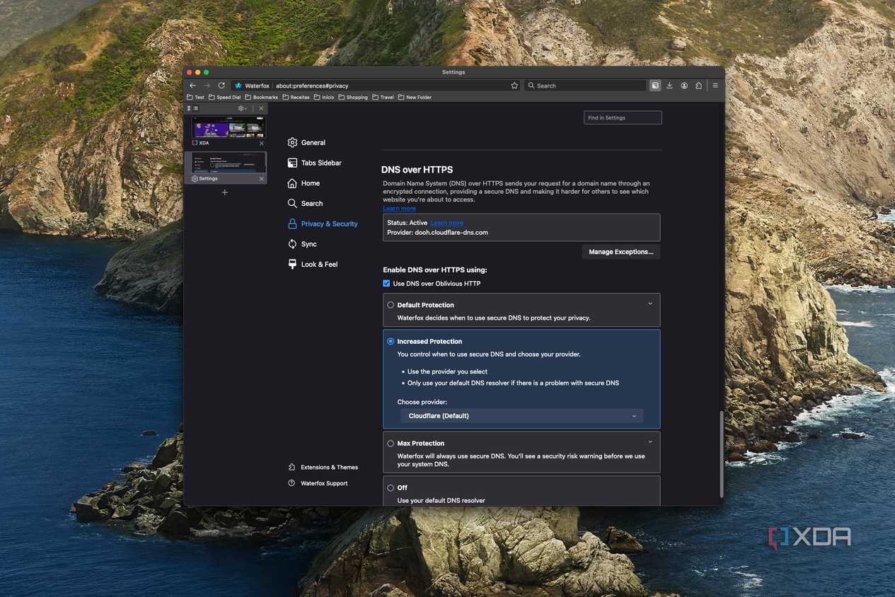 Screenshot of Waterfox on macOS showing Oblivious DNS is enabled