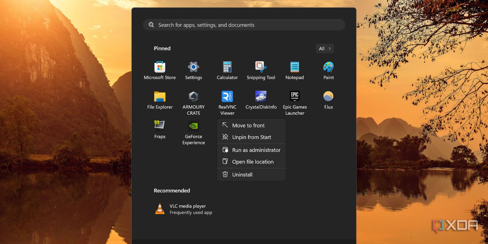 screenshot of windows 11 start menu realvnc appicon