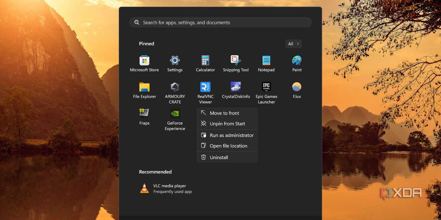 screenshot of windows 11 start menu realvnc appicon