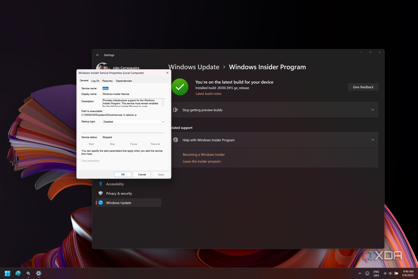 Screenshot of Windows 11 showing the Windows Insider Service disabled and the Windows Insider program page in the Settings app