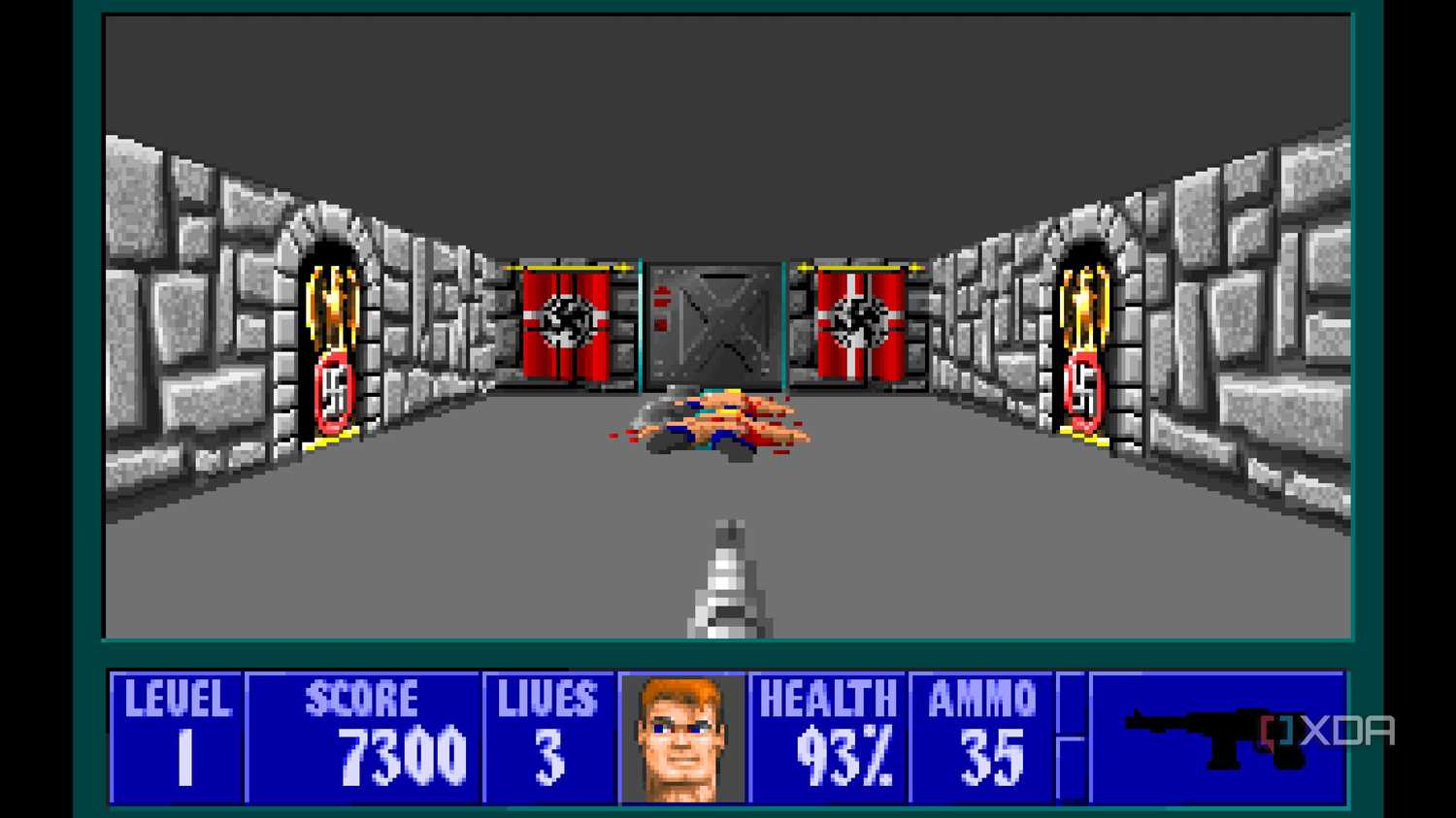 A screenshot from the 1992 DOS game, Wolfenstein 3D.