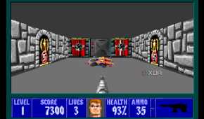 A screenshot from the 1992 DOS game, Wolfenstein 3D.