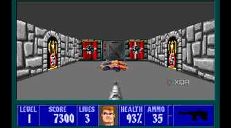 A screenshot from the 1992 DOS game, Wolfenstein 3D.