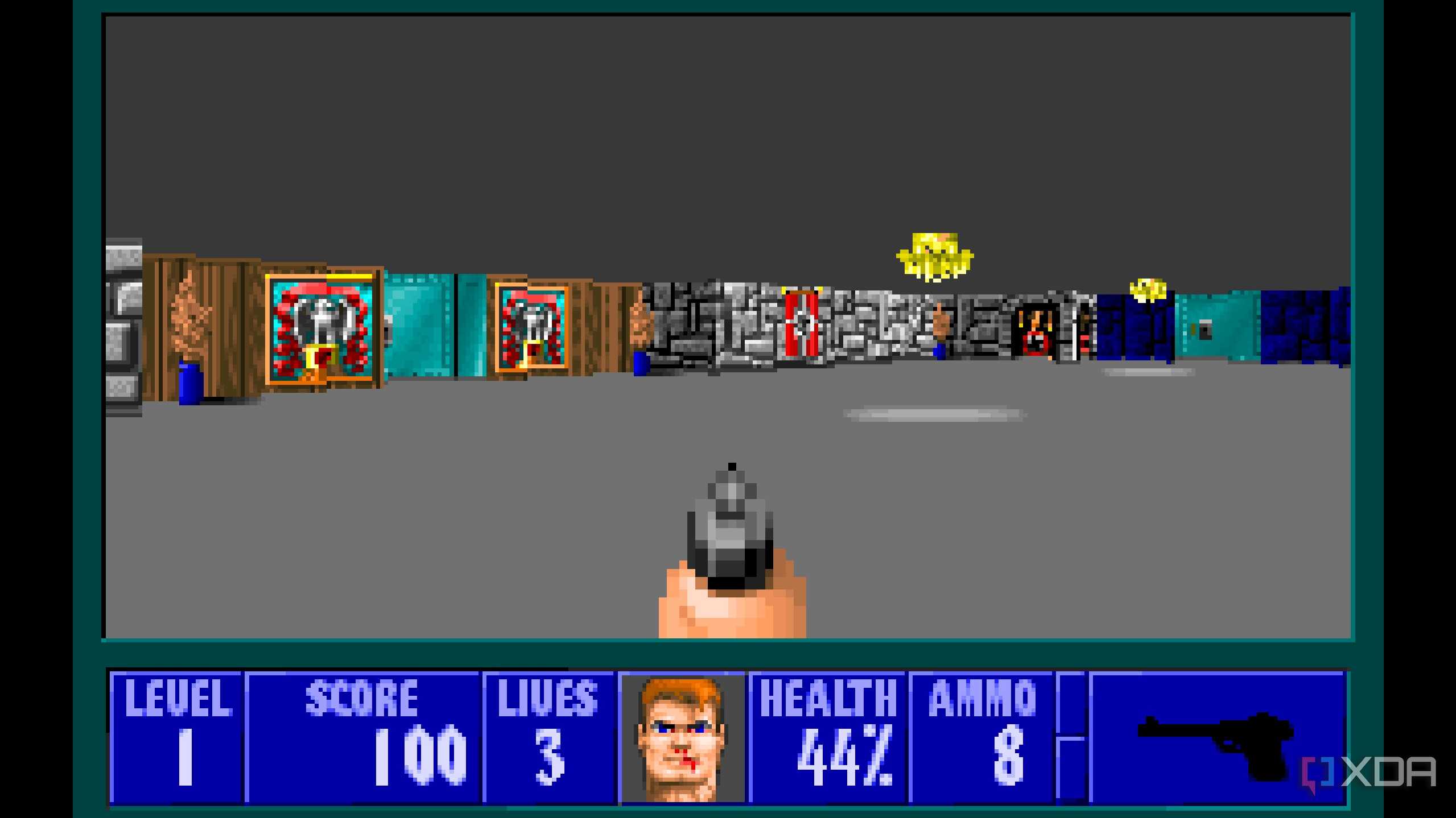 A screenshot from the 1992 DOS game, Wolfenstein 3D.