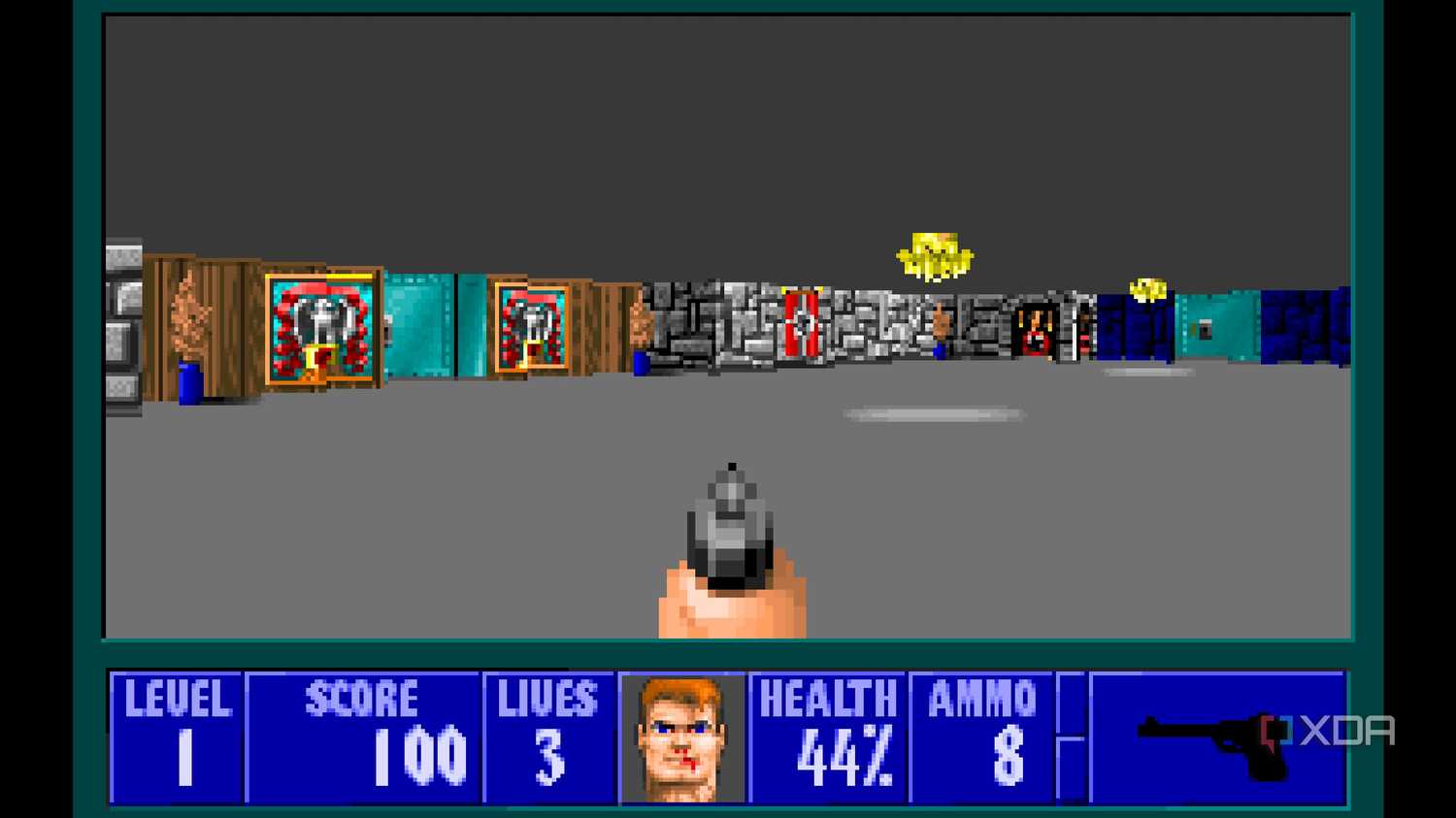 A screenshot from the 1992 DOS game, Wolfenstein 3D.