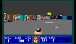 A screenshot from the 1992 DOS game, Wolfenstein 3D.