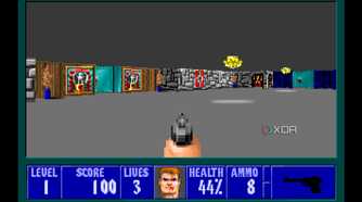 A screenshot from the 1992 DOS game, Wolfenstein 3D.