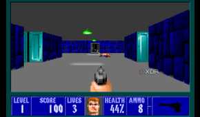 A screenshot from the 1992 DOS game, Wolfenstein 3D.