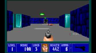 A screenshot from the 1992 DOS game, Wolfenstein 3D.
