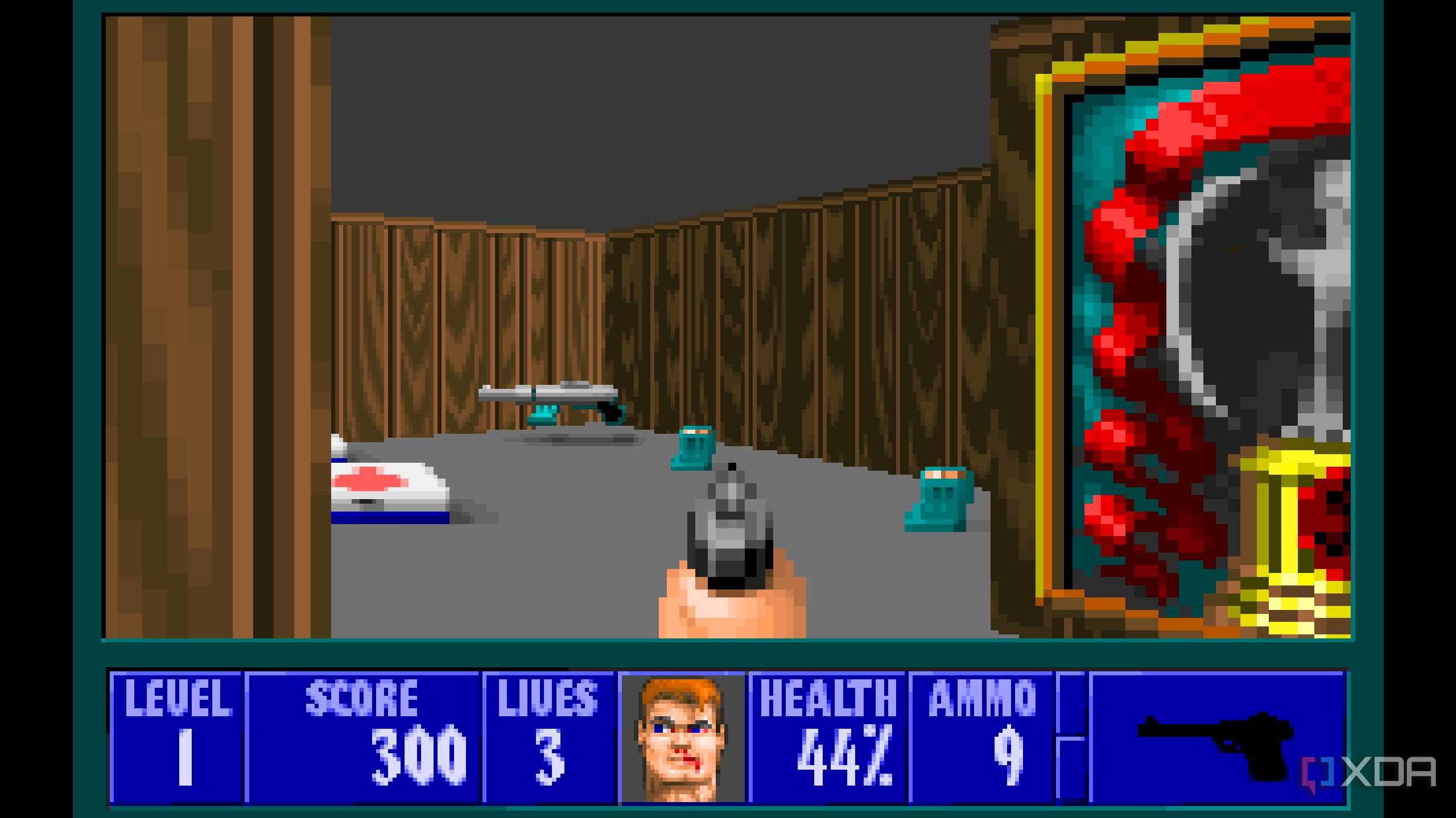 A screenshot from the 1992 DOS game, Wolfenstein 3D.