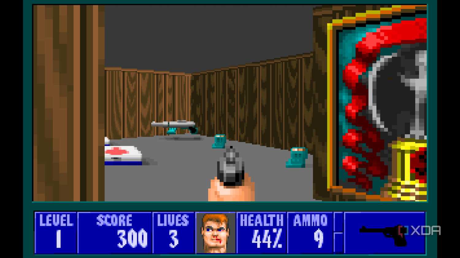 A screenshot from the 1992 DOS game, Wolfenstein 3D.