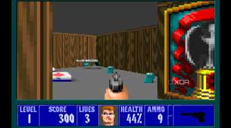 A screenshot from the 1992 DOS game, Wolfenstein 3D.