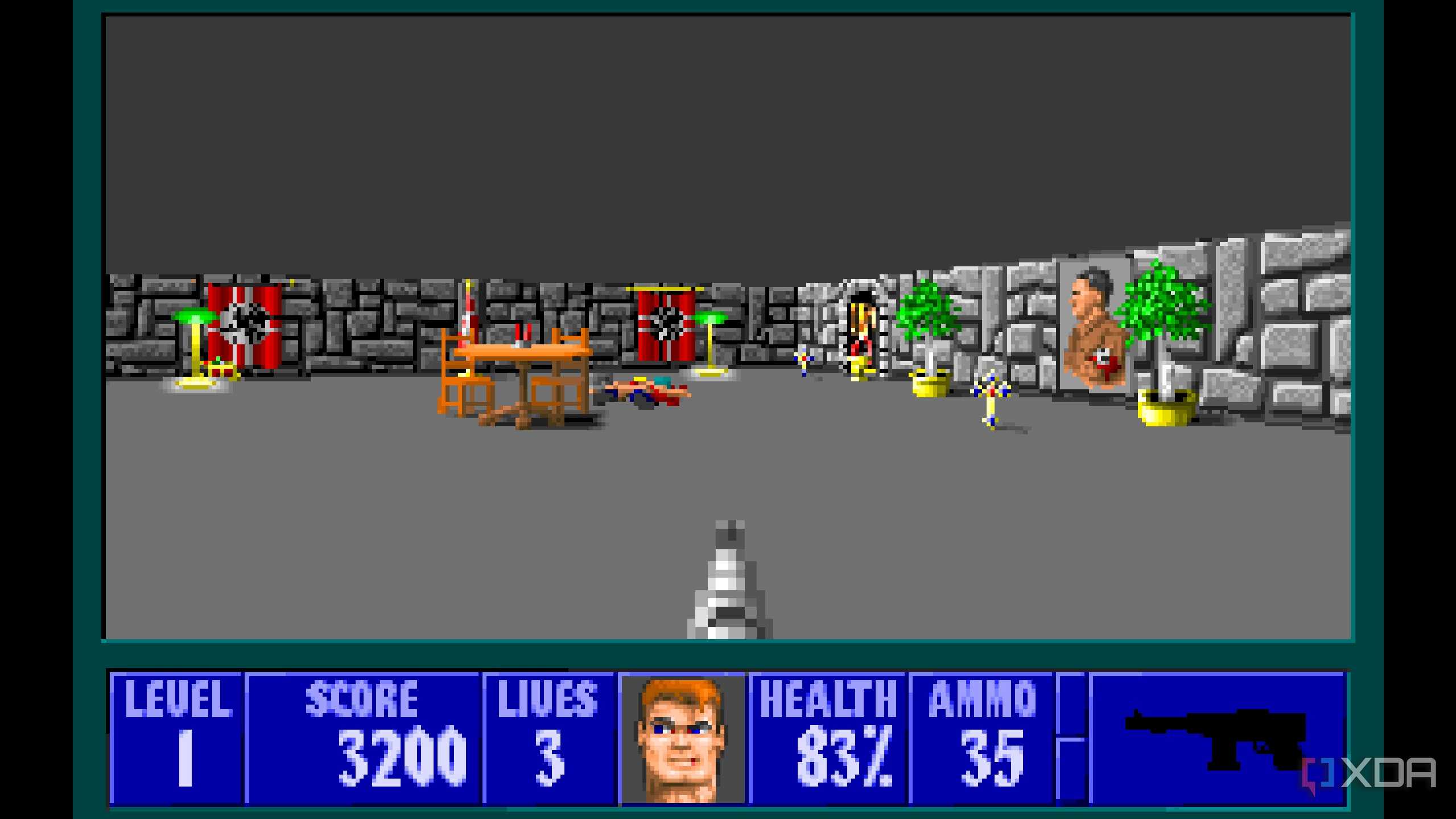 A screenshot from the 1992 DOS game, Wolfenstein 3D.