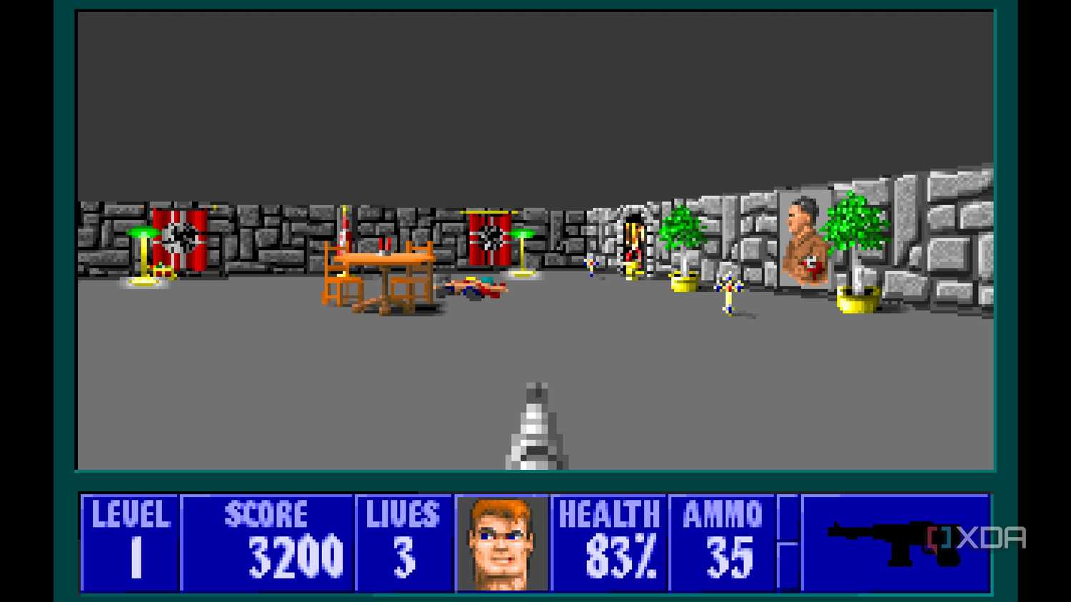 A screenshot from the 1992 DOS game, Wolfenstein 3D.