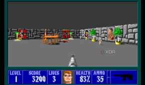 A screenshot from the 1992 DOS game, Wolfenstein 3D.