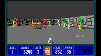 A screenshot from the 1992 DOS game, Wolfenstein 3D.