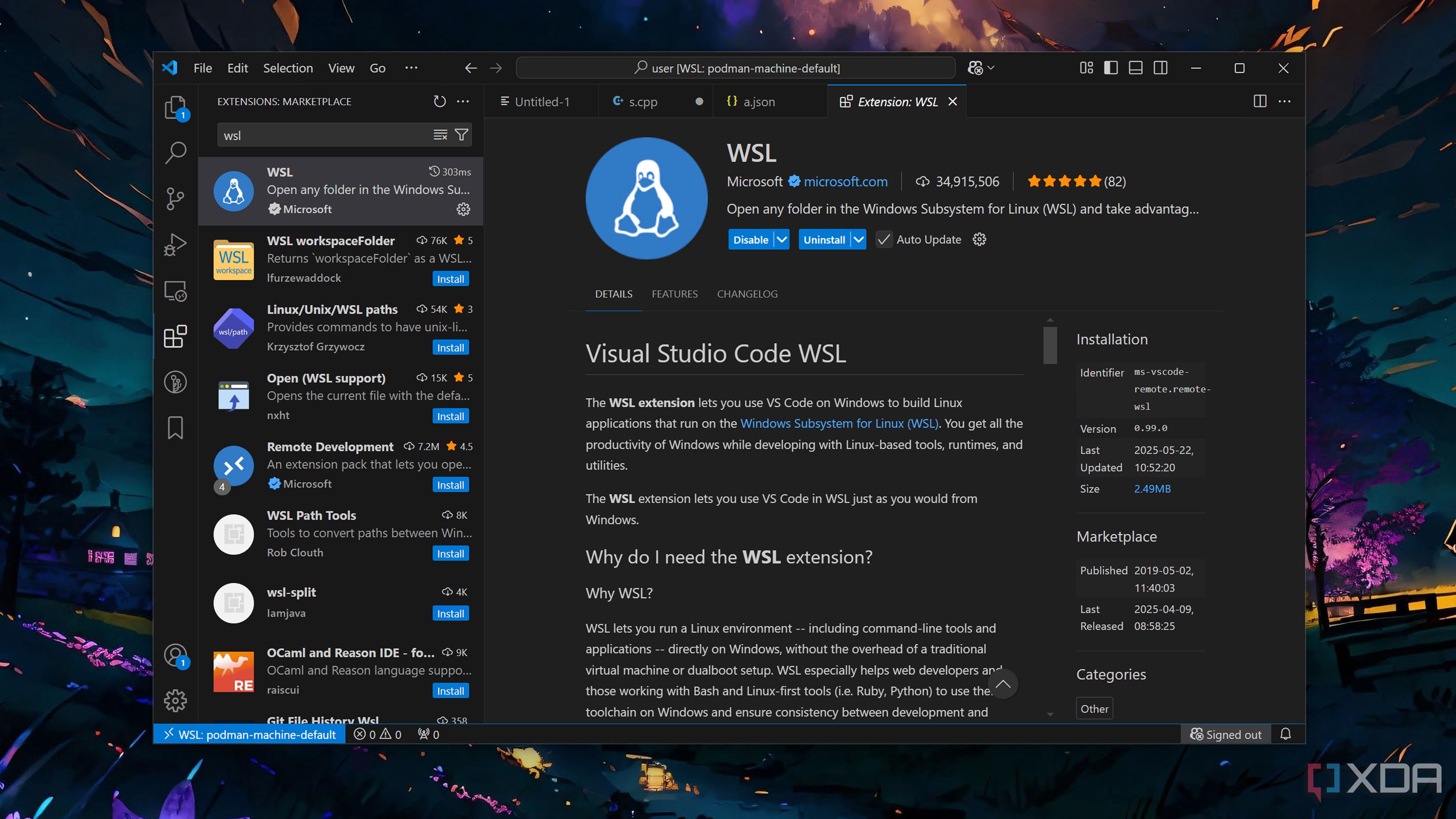 Running the WSL extension in VS Code